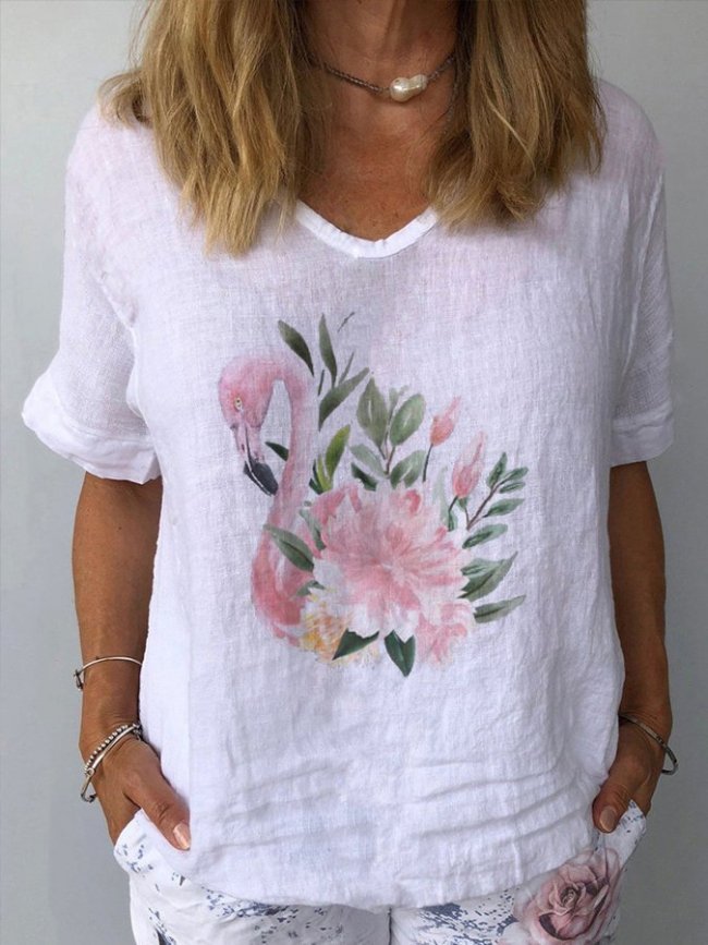 Women's Loose Flamingo Print T-shirt