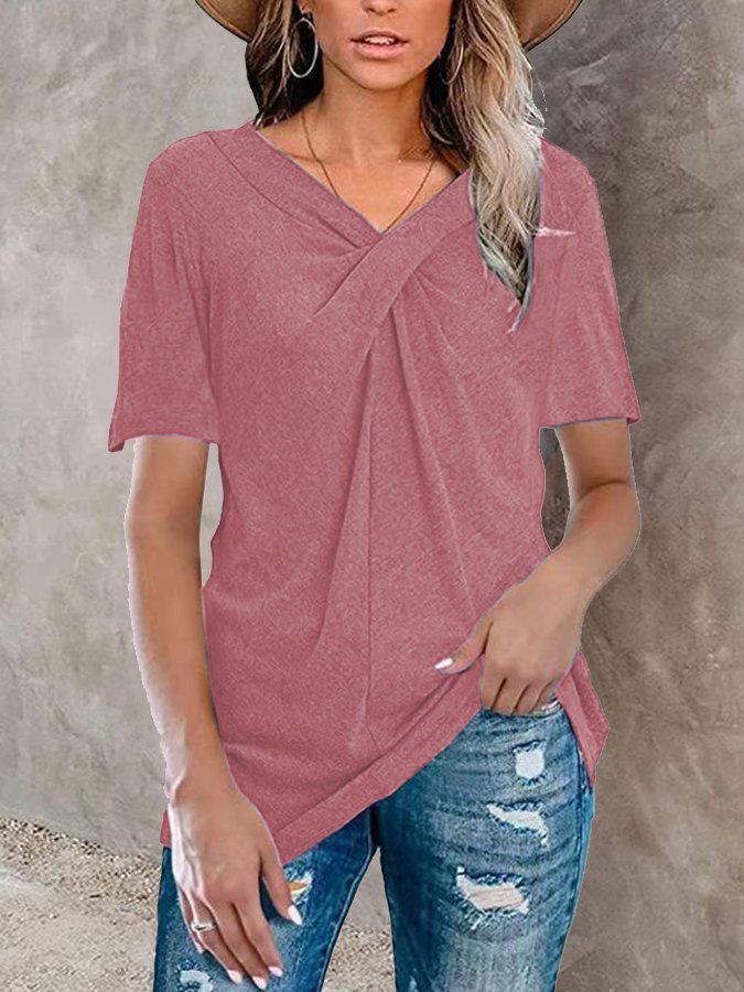 Women's Casual Solid Color Cross Knot V-Neck T-Shirt