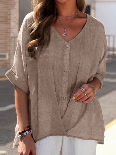 Casual Solid Color Cotton And Linen Tops