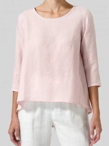 Women's Casual Loose Cotton Linen Round Neck T-shirt