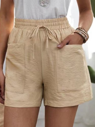 Women's Solid Pocket Drawstring Cotton Linen Shorts