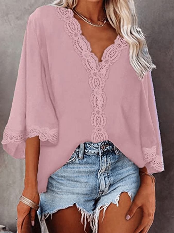 Women's Solid Color Flared Sleeve V-neck Lace Loose shirt
