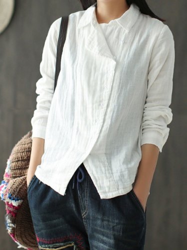 Women's Casual Solid Color Retro V-neck Cotton Linen Shirt