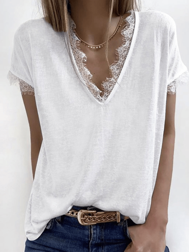 Women's thin V-neck lace stitching casual short-sleeved bottoming shirt top