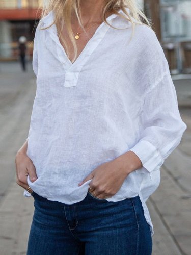 Loose V-Neck Solid Color Cotton Linen Casual Shirt