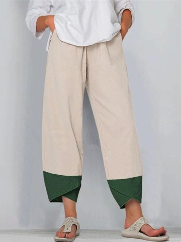 Women's Cotton Linen Colorblock Casual Pants