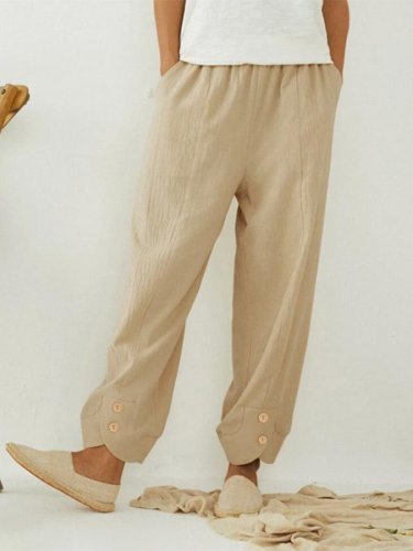 Women's Cotton Linen Solid Color Button Casual Pants