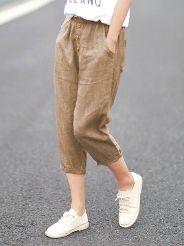 Solid Color Cotton Linen Pocket Casual Mid Length Pants