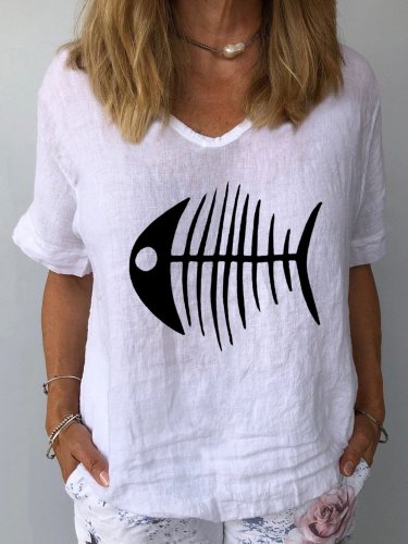 Women's Fishbone Print Casual Cotton T-Shirt