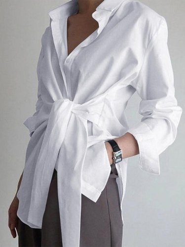 Women's Solid Lapel Tie Long Sleeve Shirt