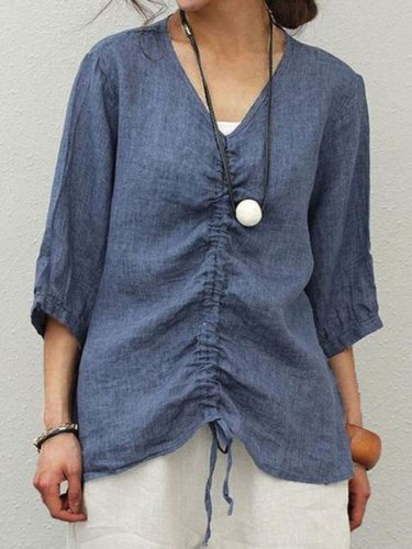 Cotton-Linen V-Neck Middle Front Adjustable Gathering Three-quarter Sleeve Casual Fashion Blouse