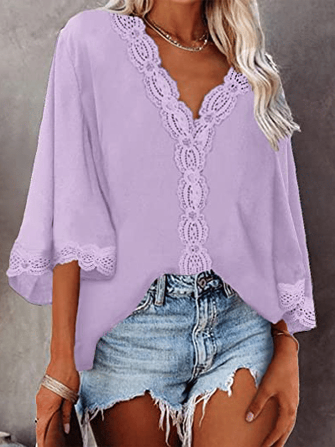 Women's Solid Color Flared Sleeve V-neck Lace Loose shirt