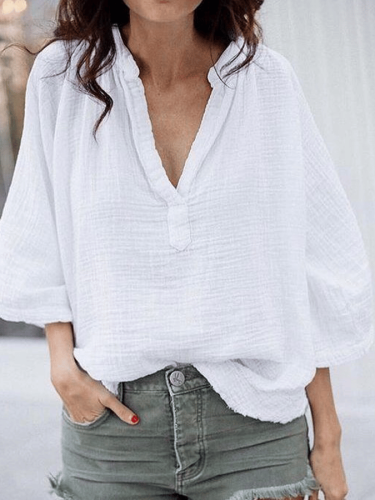 Women's V-neck Solid Pleated Cotton Linen Shirt