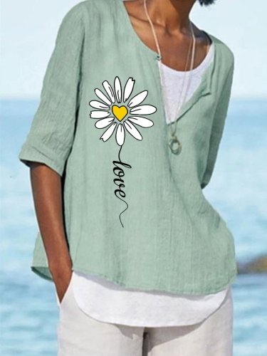 Women's Cotton Linen Daisy Print Mid Sleeve Shirt