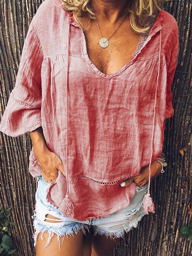 Casual V-Neck Solid Color Top
