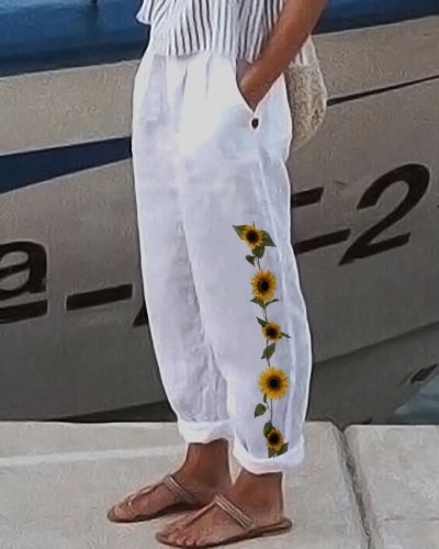 Women's Sunflower Chain Print Cotton Linen Casual Pants