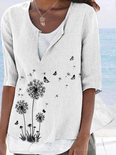 Women's Butterfly Dandelion Print Half-Sleeve Cotton Shirt
