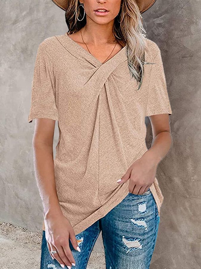 Women's Casual Solid Color Cross Knot V-Neck T-Shirt
