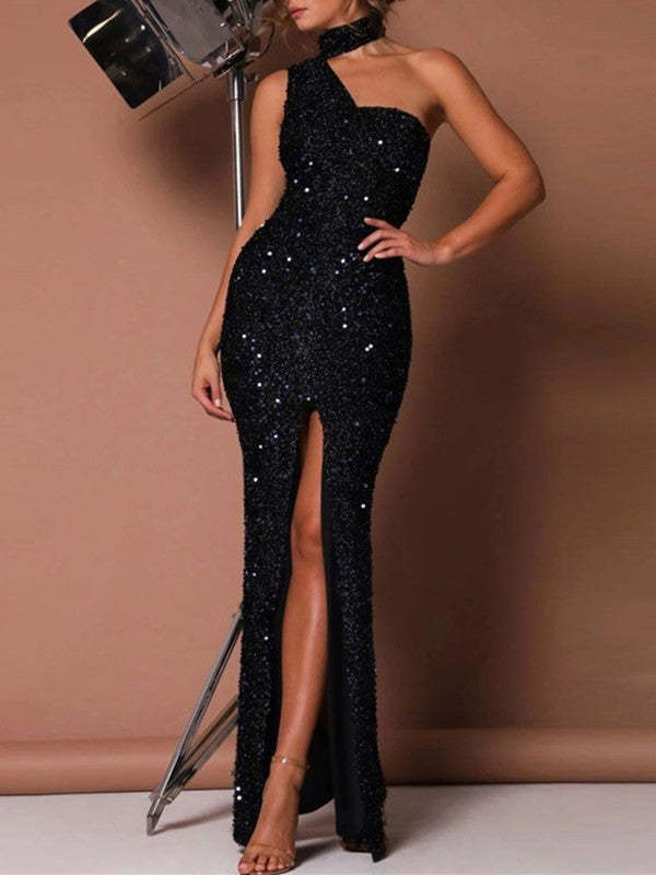 Elegant One-shoulder Sequin Night Dress