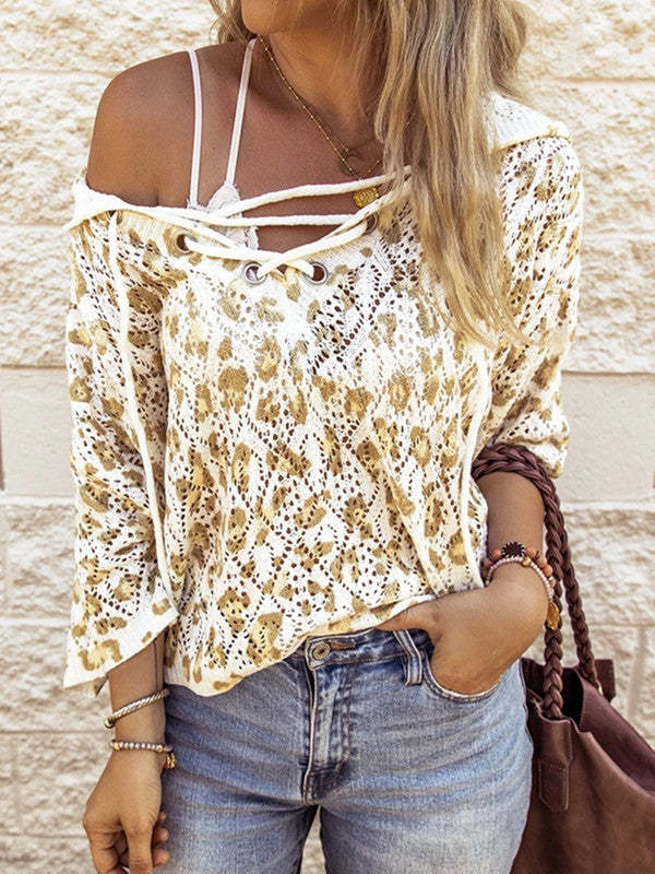 Lace-up Floral Knitting Hooded Sweater