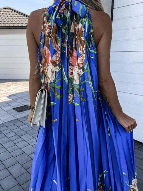 Pleated Boho Floral Print Maxi Dress