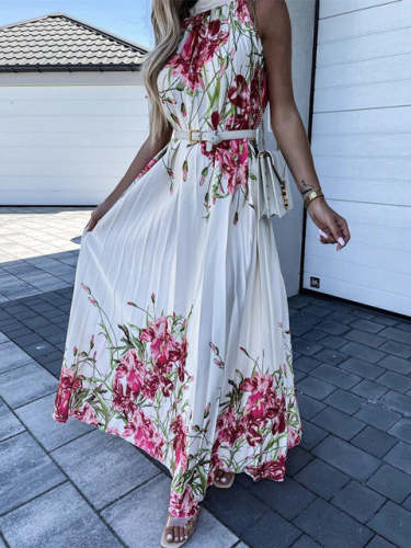 Pleated Boho Floral Print Maxi Dress