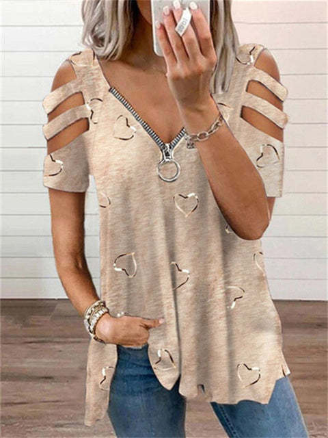 Hollow Out Sleeve Heart-shape Print V-neck Tops
