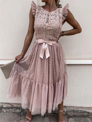 Solid Color Mesh Paneled Lace Maxi Dress