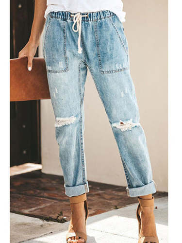 Drawstring Straight-leg Ripped Jeans