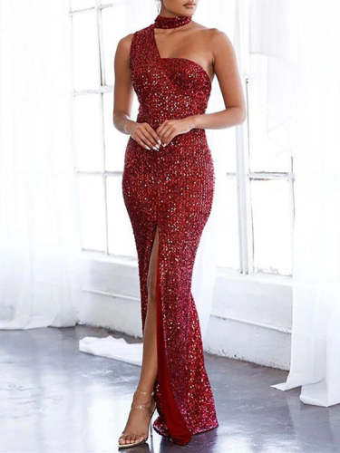 Elegant One-shoulder Sequin Night Dress