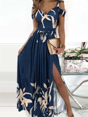 Printed V-Neck Sleeveless Slit Maxi Dress
