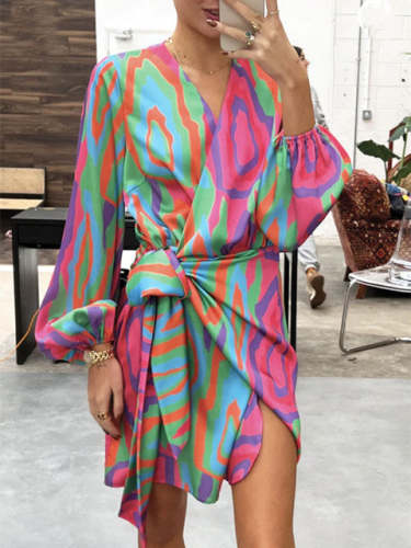Balloon Sleeve Print Lace-Up V-Neck Dress