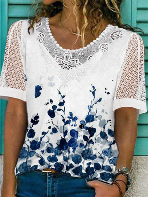 Lace Hollow Out Print Shirt