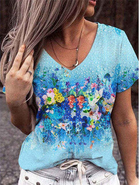 Floral Print V-neck Short Sleeve T-shirt
