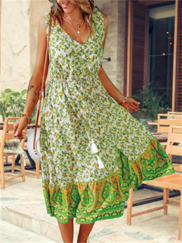 V-Neck Button Sleeveless Floral Print Dress