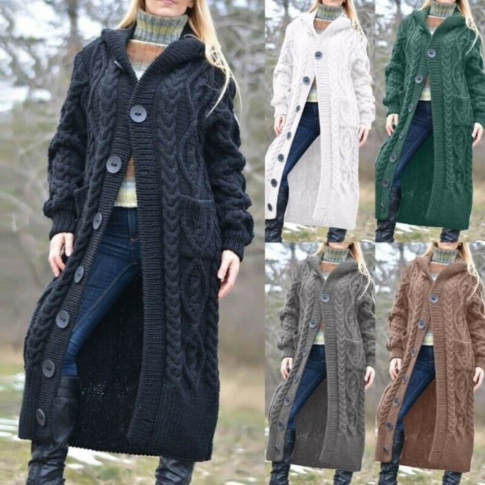 Thicker Long Sweater Knit Solid Color Hooded Cardigan Jacket