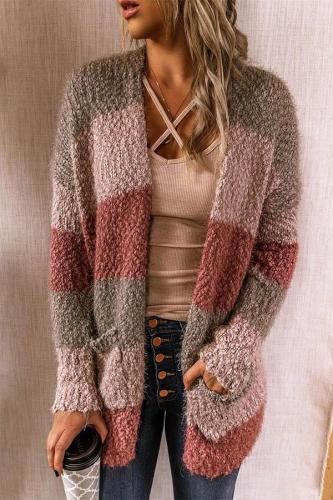 Color-block Striped Jacquard Open Front Fuzzy Paneled Pockets Cardigan