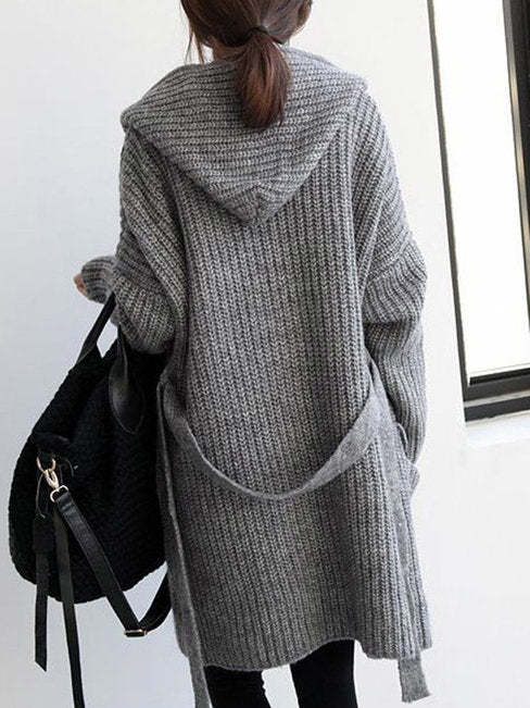 Grey Long Straight Plain Polyester Belt Sweater