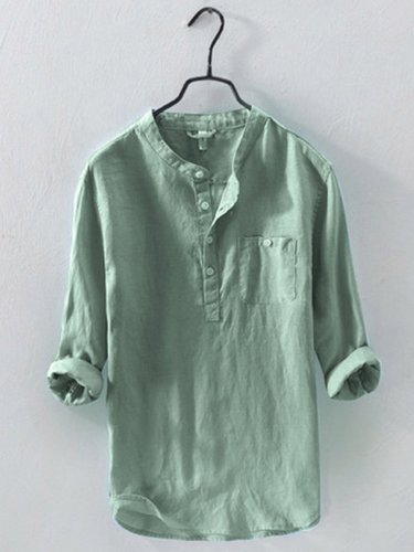 Men'S Solid Color Thin Breathable Button Stand Collar Cotton Linen Top