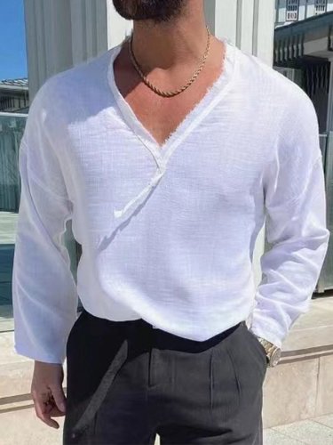 Men'S Cotton Linen V-Neck Long Sleeve T-Shirt