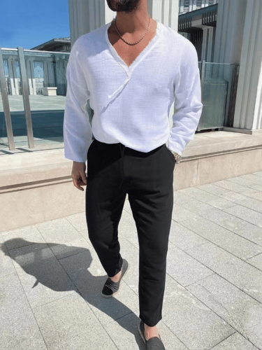 Men'S Cotton Linen Long Sleeved T-Shirt Pants Set