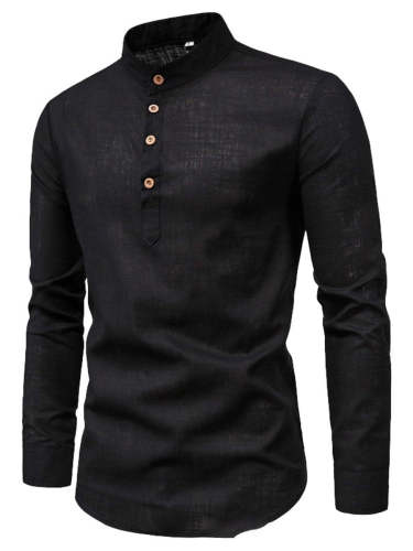 Men'S Solid Color Button Stand Collar Long Sleeve Cotton Linen Polo Shirt