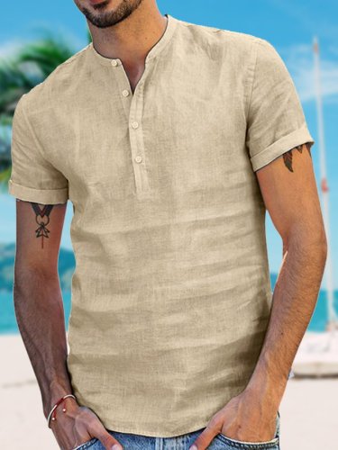 Men'S Stand Collar Cotton Linen Short Sleeve Shirt