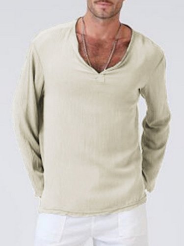Men'S V-Neck Solid Linen National Style Loose Long Sleeve T-Shirt
