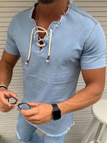 Men'S Denim Lace-Up Short Sleeve Shirt