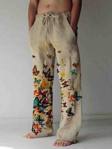 Men'S Butterfly Printed Casual Cotton Linen Pants