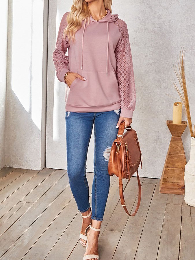 Solid Color Lace Panel Hooded Pullover Sweatshirt
