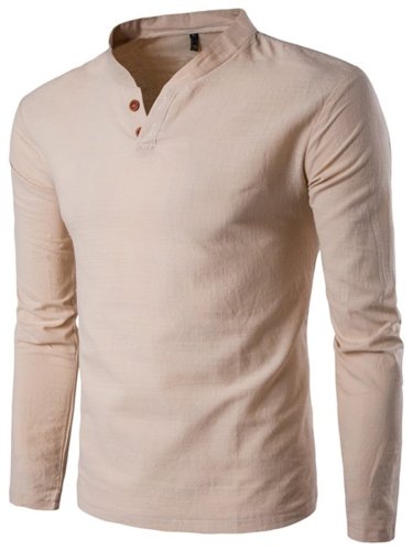 Men'S Solid Color Button Long Sleeve Cotton Linen Polo Shirt