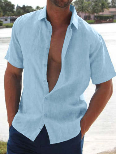 Lapel Solid Color Short Sleeve Men's Linen Shirt