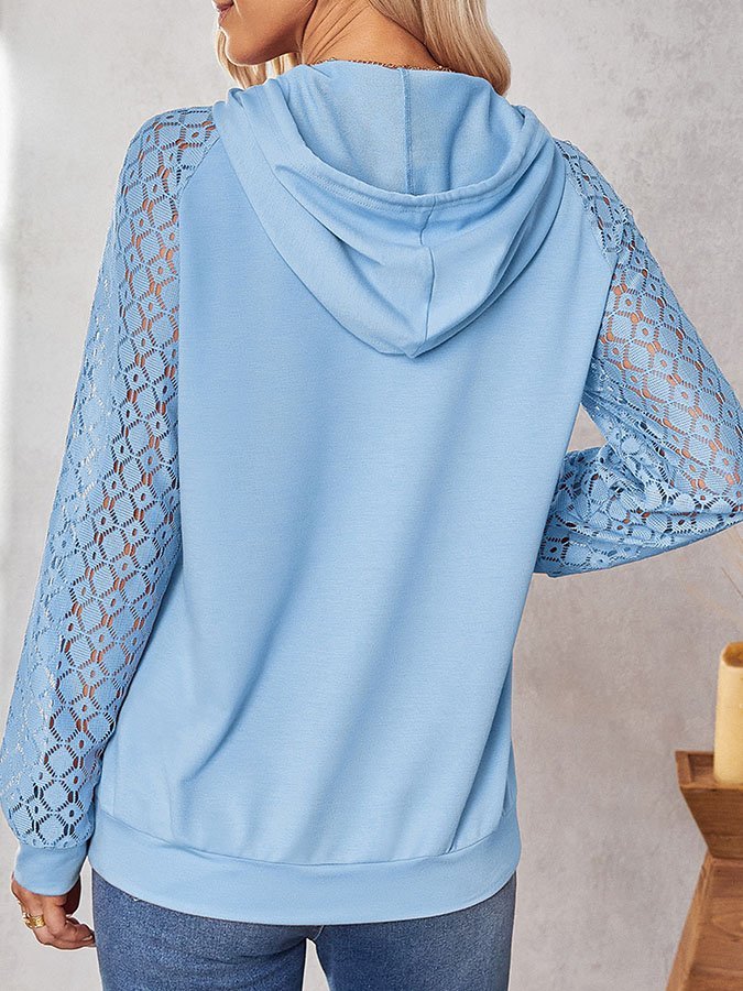 Solid Color Lace Panel Hooded Pullover Sweatshirt